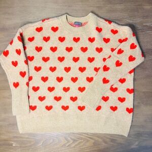 Vince Camuto Women's Crew Neck Long Sleeve Knit Sweater camel Red Hearts Size S